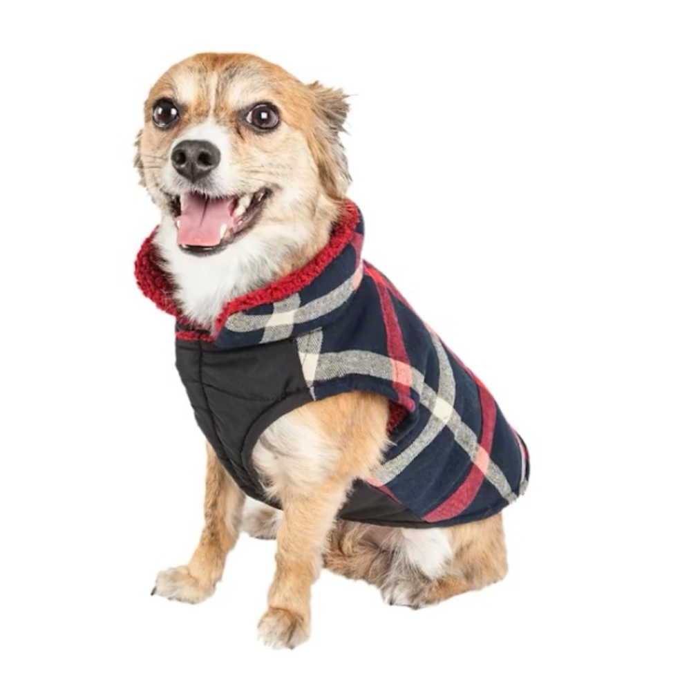 Pet Life navy and red Plaid dog jacket, S, NWT!